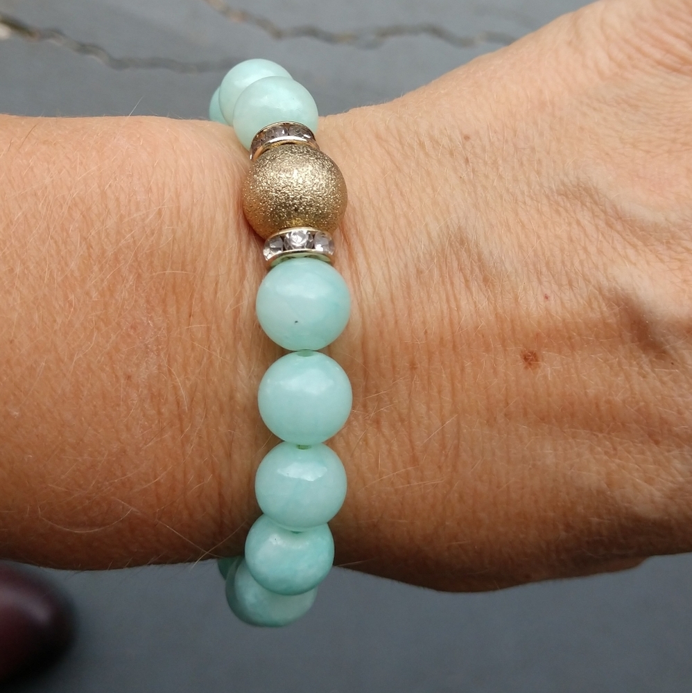 Pale aqua stone stretch bracelet gold crystals